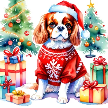 Cavalier King Charles Spaniel in Santa hat and red sweater with Christmas trees and gifts.