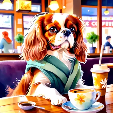 Cavalier King Charles Spaniel in a café wearing a green scarf, with coffee and drinks on the table.