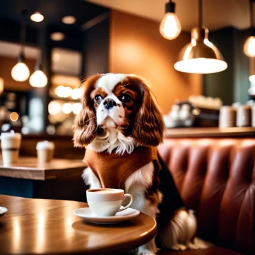 Cavalier King Charles Spaniel in a café wearing a green sweater, sitting at a table with a coffee cup.