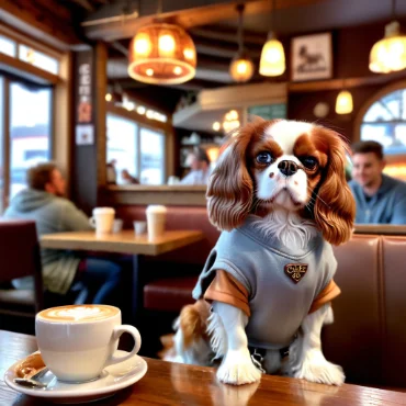 Cavalier King Charles Spaniel in a café wearing a grey sweater, sitting at a table with a coffee cup.