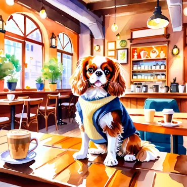 Cavalier King Charles Spaniel in a café wearing a yellow vest, sitting on a table with coffee cups.