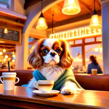 Cavalier King Charles Spaniel in a café with a blue scarf, sitting at a table with coffee cups.