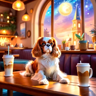 Cavalier King Charles Spaniel lying on a table in a café with a moonlit view through the window.