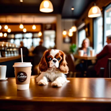 Cavalier King Charles Spaniel sitting on a table in a café with a coffee cup and warm lighting.