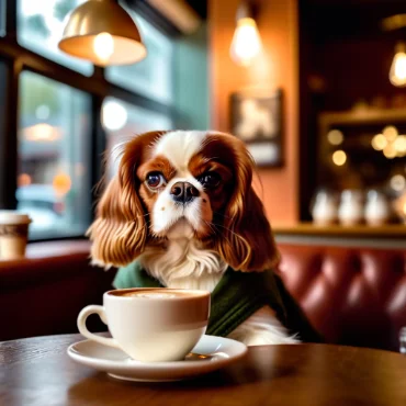 Cavalier King Charles Spaniel sitting on a table in a café with a coffee cup, warm lighting in the background.