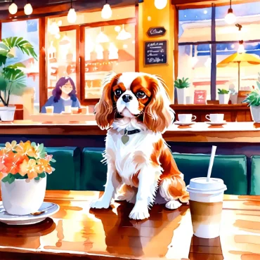 Cavalier King Charles Spaniel sitting on a table in a cozy café with a coffee cup and flowers.