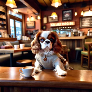 Cavalier King Charles Spaniel sitting on a table in a cozy café with coffee cups and warm lighting.