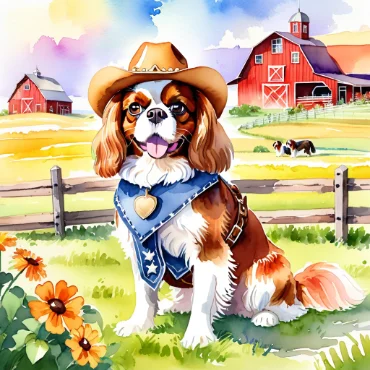 A Cavalier King Charles Spaniel in a cowboy hat and blue bandana sitting in front of a barn with sunflowers.