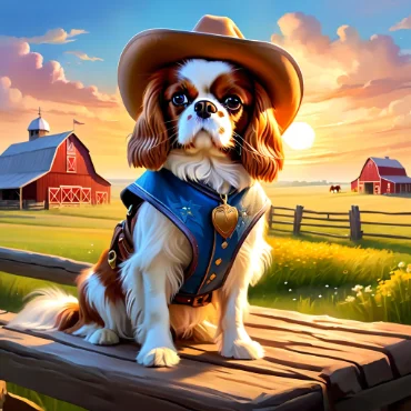 A Cavalier King Charles Spaniel in a cowboy hat and blue vest sitting on a wooden bench at sunset with barns in the background.