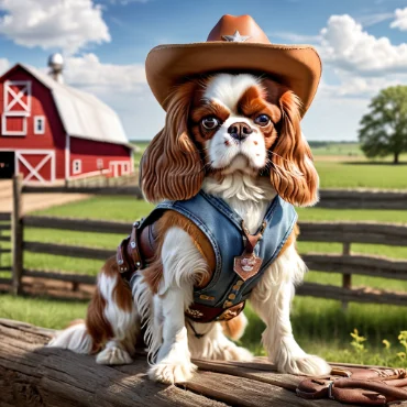 A Cavalier King Charles Spaniel in a cowboy hat and denim vest sitting on a wooden bench with a barn in the background.