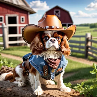 A Cavalier King Charles Spaniel in a cowboy hat and denim vest sitting on a wooden fence in front of a red barn.