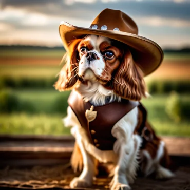 A Cavalier King Charles Spaniel in a cowboy hat and leather vest sitting on a wooden bench in a green field.