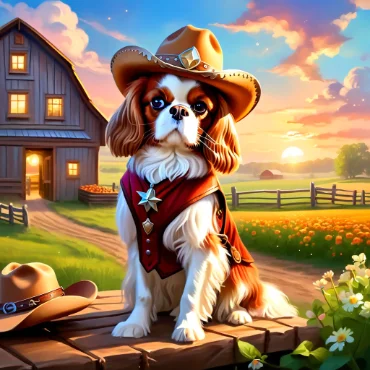 A Cavalier King Charles Spaniel in a cowboy hat and red vest sitting on a wooden bench in front of a barn at sunset.