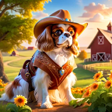 A Cavalier King Charles Spaniel in a cowboy outfit with a hat and leather vest, sitting by a barn with flowers.