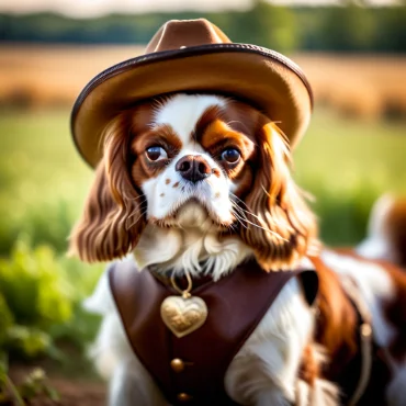 A Cavalier King Charles Spaniel wearing a brown cowboy hat and leather vest sitting in a field.