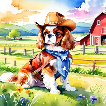 A Cavalier King Charles Spaniel wearing a cowboy hat and red vest, posing on a farm with a barn in the background.