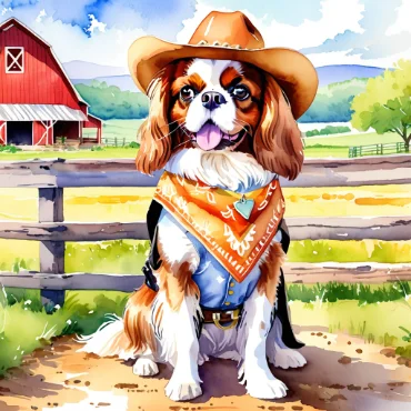 A Cavalier King Charles Spaniel with a cowboy hat and orange bandana sitting by a wooden fence and a red barn.