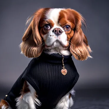 Cavalier King Charles Spaniel in a black turtleneck with a heart-shaped tag on a dark gray background.