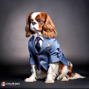 Cavalier King Charles Spaniel in a blue suit with a black tie and gold pocket square on a dark gray background.