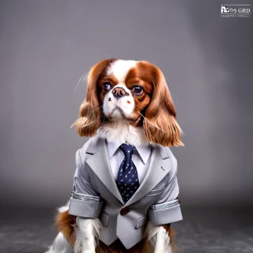 Cavalier King Charles Spaniel in a gray suit with a navy blue tie on a gray background.