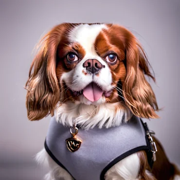 Cavalier King Charles Spaniel in a gray vest with a 'Vic' shield-shaped tag, smiling with tongue out.