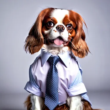 Cavalier King Charles Spaniel in a light blue shirt with a navy blue tie, smiling with tongue out.