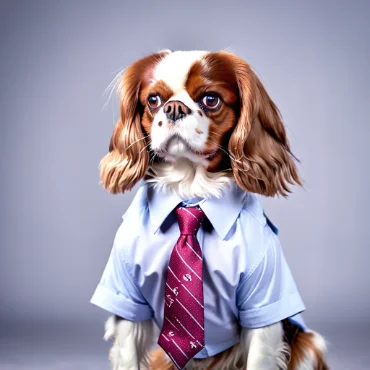 Cavalier King Charles Spaniel in a light blue shirt with a red tie on a light gray background.