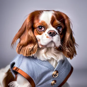 Cavalier King Charles Spaniel in a light gray vest with bronze buttons on a light gray background.