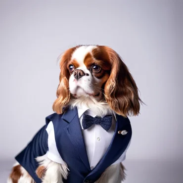 Cavalier King Charles Spaniel in a navy blue suit with a bow tie on a light gray background.