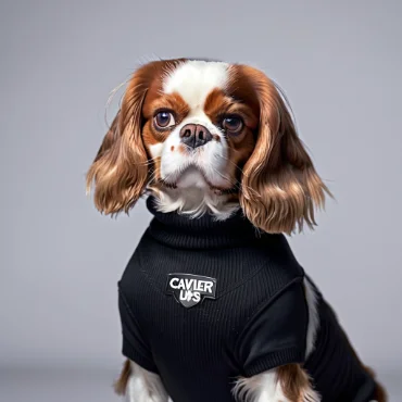 Cavalier King Charles Spaniel wearing a black turtleneck with a 'CAVIER US' logo on a gray background.