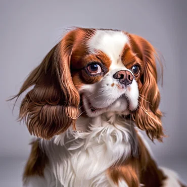 Close-up of a Cavalier King Charles Spaniel with long fur and expressive eyes on a light gray background.