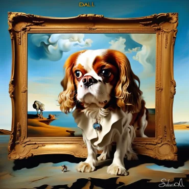 Cavalier King Charles Spaniel framed in an ornate golden frame with surreal desert background.