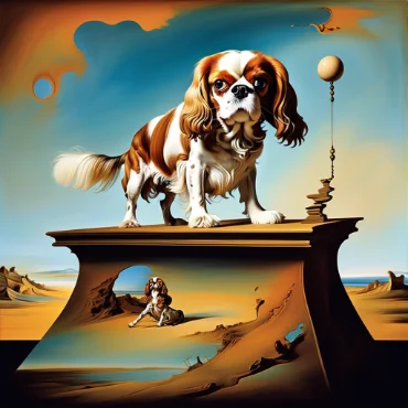 Cavalier King Charles Spaniel in a bow tie with surreal landscape and ships in the background.