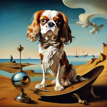 Cavalier King Charles Spaniel in a surreal desert setting with golden objects and a reflective sphere.