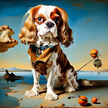 Cavalier King Charles Spaniel in a surreal landscape with floating orange spheres and a clock.