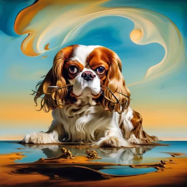 Cavalier King Charles Spaniel with surreal golden objects and a dreamlike landscape.