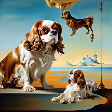 Surreal image of two Cavalier King Charles Spaniels in a dreamlike desert setting.