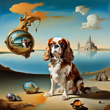 Surreal painting of a Cavalier King Charles Spaniel on a pedestal with abstract shapes and desert landscape.