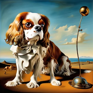 Surreal painting of a Cavalier King Charles Spaniel with a mustache-like twig in a desert landscape.