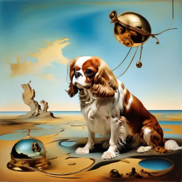 Surreal painting of a Cavalier King Charles Spaniel with golden objects and abstract shapes.