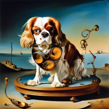 Surreal painting of a Cavalier King Charles Spaniel with golden objects on a desert-like landscape.