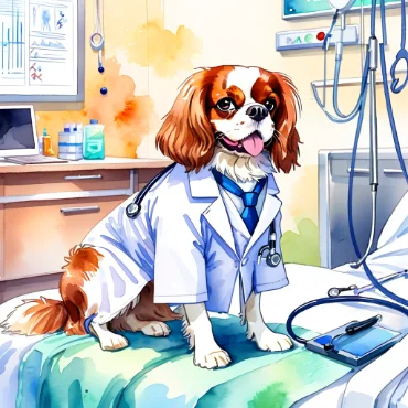 Cavalier King Charles Spaniel dressed as a doctor in a medical office.