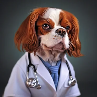 Cavalier King Charles Spaniel in a doctor's coat with stethoscope on a dark background.