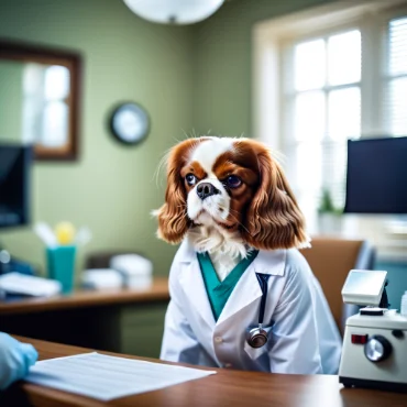 Cavalier King Charles Spaniel in a doctor's office with microscope.