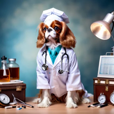 Cavalier King Charles Spaniel in a lab coat and nurse cap with medical equipment.