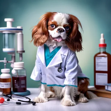 Cavalier King Charles Spaniel in a lab coat with medical bottles and tools.