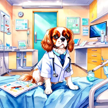 Cavalier King Charles Spaniel in a lab coat with medical equipment.