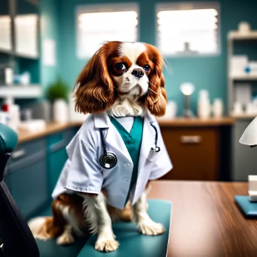 Cavalier King Charles Spaniel in a medical office wearing a stethoscope.