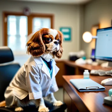 Cavalier King Charles Spaniel in a medical office with computer and documents.