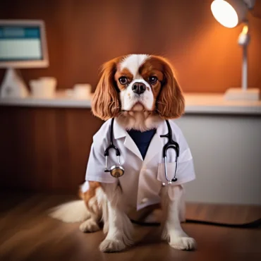 Cavalier King Charles Spaniel in a medical office with desk and lamp.